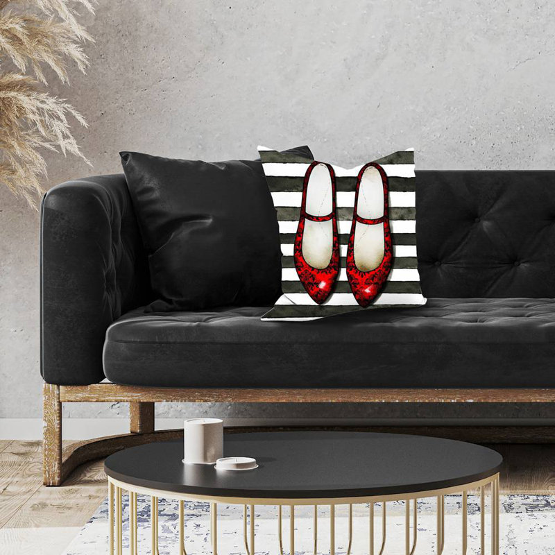 Red glossy shoes on striped background - 18"x18" Throw pillow cover - Poly twill - Print on demand