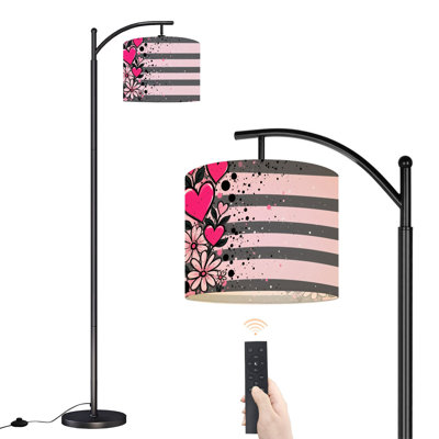 Arc Floor Lamp Pink Hearts Floral Graffiti Splatter Gray Blush Striped Floor Lamps with Remote LED Lights Adjustable Lamp Shades Tall Standing Lamps for Reading Office Living Room