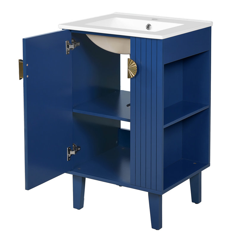Meuble-lavabo de 20 po avec lavabo en céramique, ensemble de meuble-lavabo simple autoportant avec porte à fermeture douce, poignées en demi-lune chic, style français