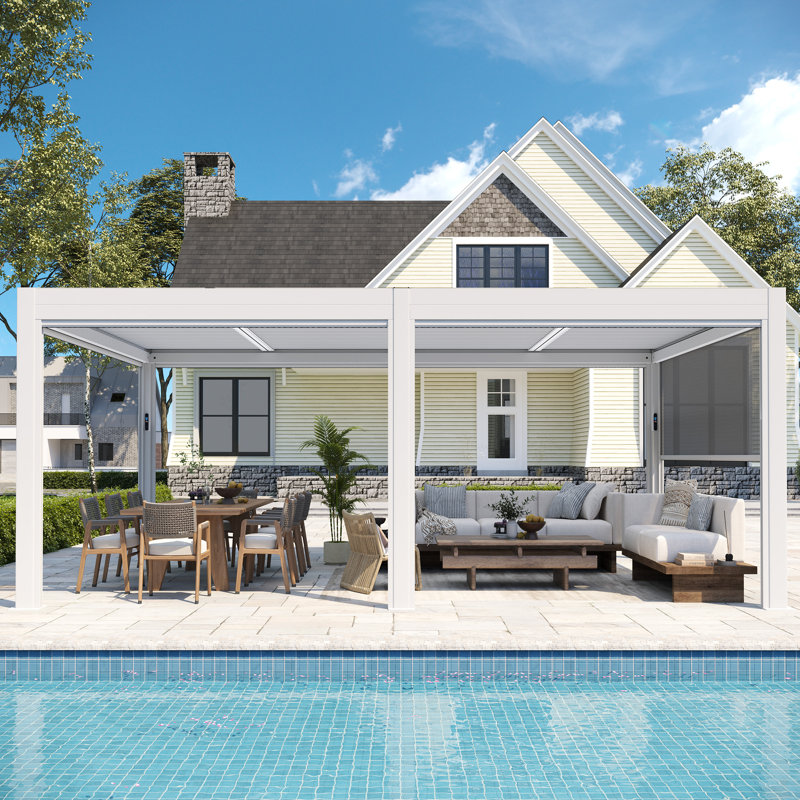 10 x 20 FT Motorized Louvered Pergola with Installation Video, Solar/USB Hybrid Power, 4 Auto Side Screens, Rainproof Roof & Rustproof Aluminum Frame, Remote LED Lights for Deck, Patio & Hot Tub