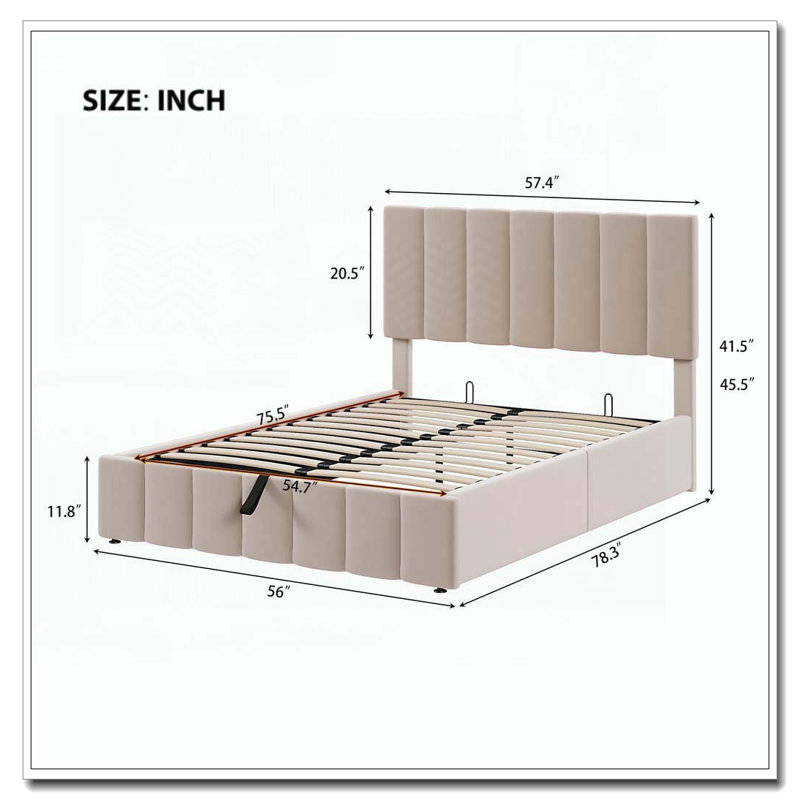 Lit plateforme tapissier avec système de rangement hydraulique, Beige, Double