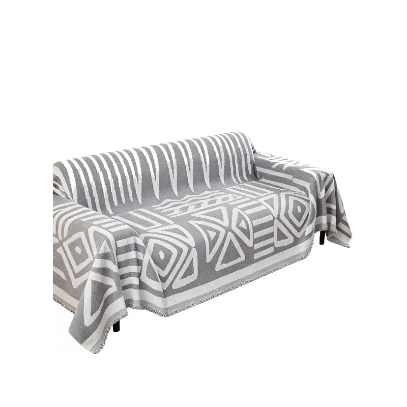 Chenille Box Cushion Sofa Slipcover, Grey Geometric