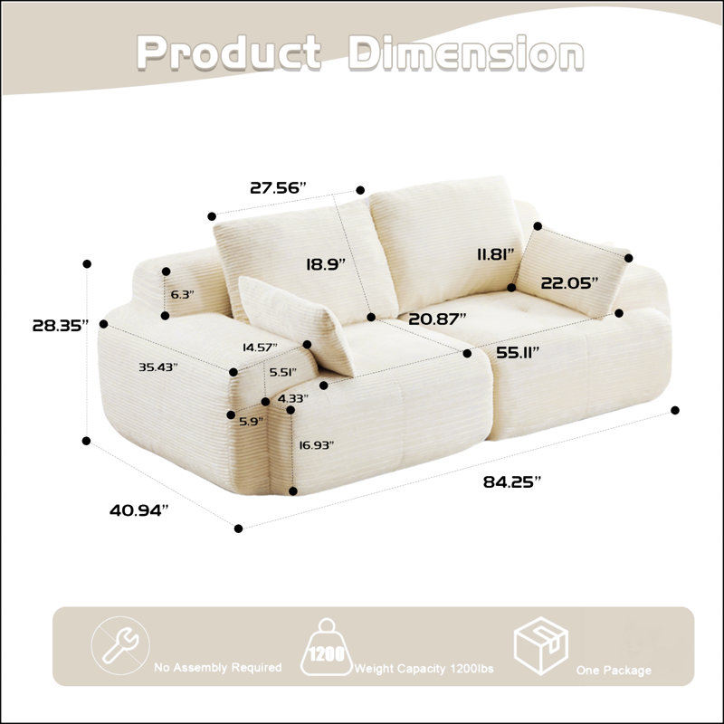 Canapé moderne en mousse à mémoire de forme compressée, grand canapé modulaire 2 places pour le salon, canapé modulaire Cloud compatible avec les animaux de compagnie, tissu en velours côtelé, causeuse très profonde, aucun assemblage requis