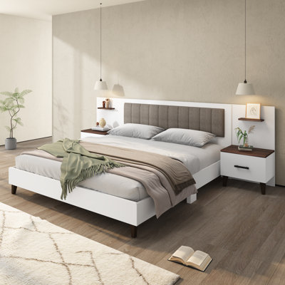 Eddie Wooden Bed With 2 Nightstands & Upholstered Headboard