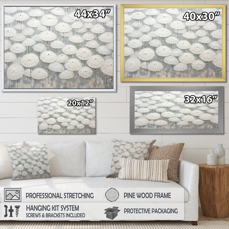 Ciel plein de parapluies blancs sur toile, Cadre flottant doré, 24" H x 32" W