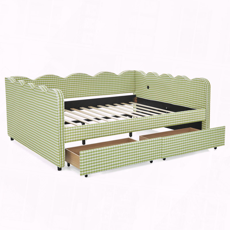 Gingham Daybed Storage Drawers USB Port Wave Shaped, Queen, Green
