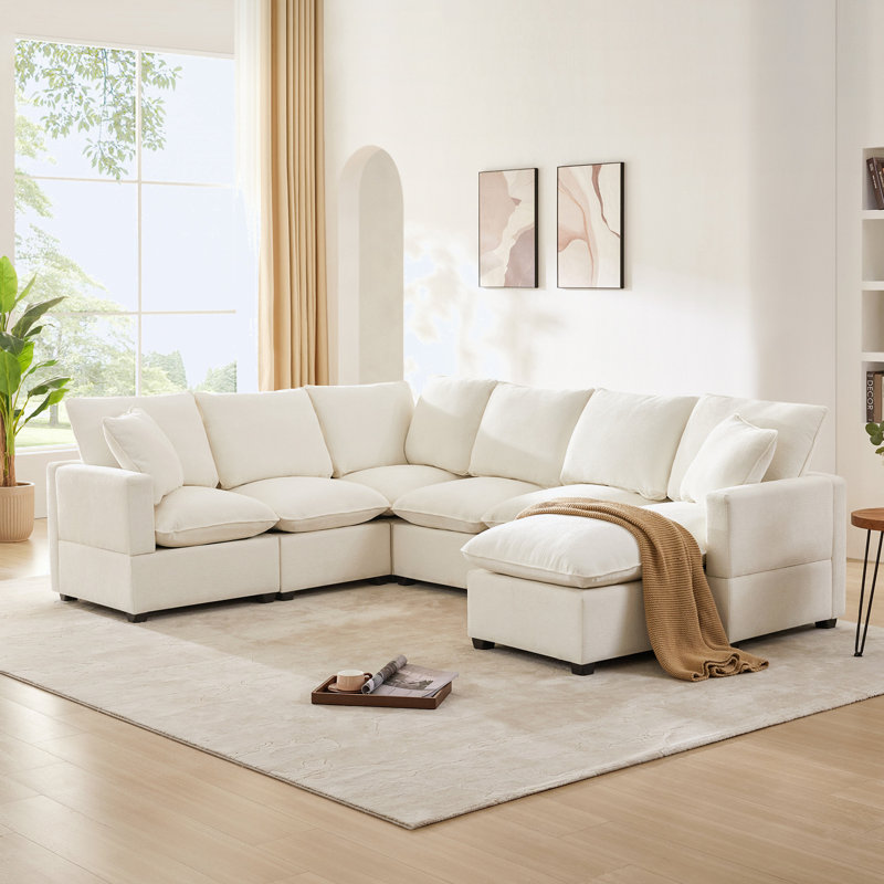 Illyas Upholstered U-Shaped Sectional Reversible, White Chenille
