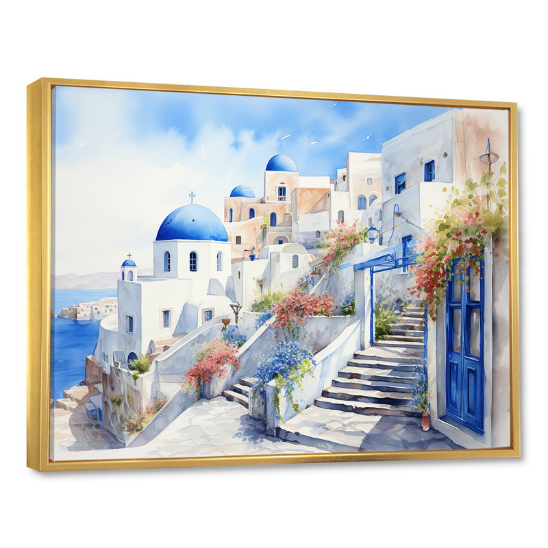 «Blue and White Santorini Village I», art mural Grèce, Cadre flottant doré, H 34 po x l 44 po x P 1,5 po
