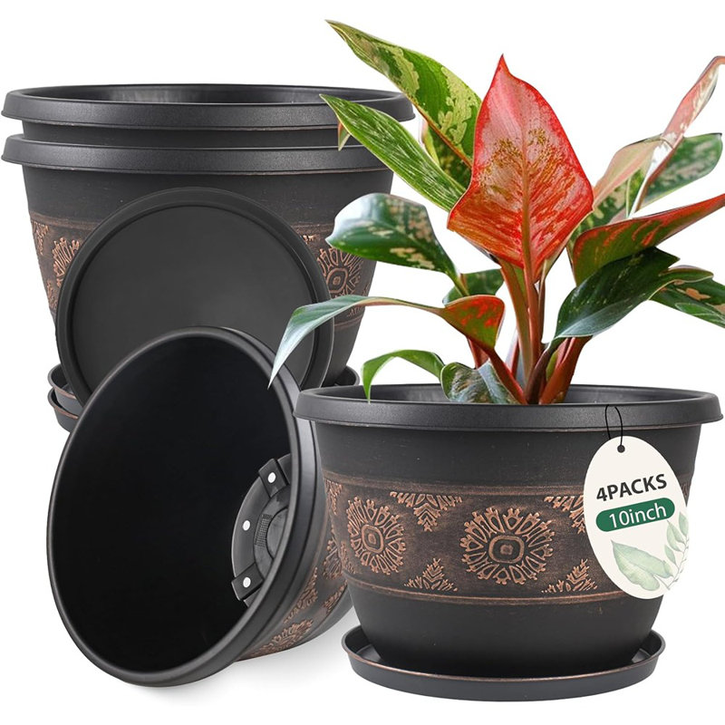 Paquet de 4 pots de plantes de 10 pouces avec pots à motif rétro