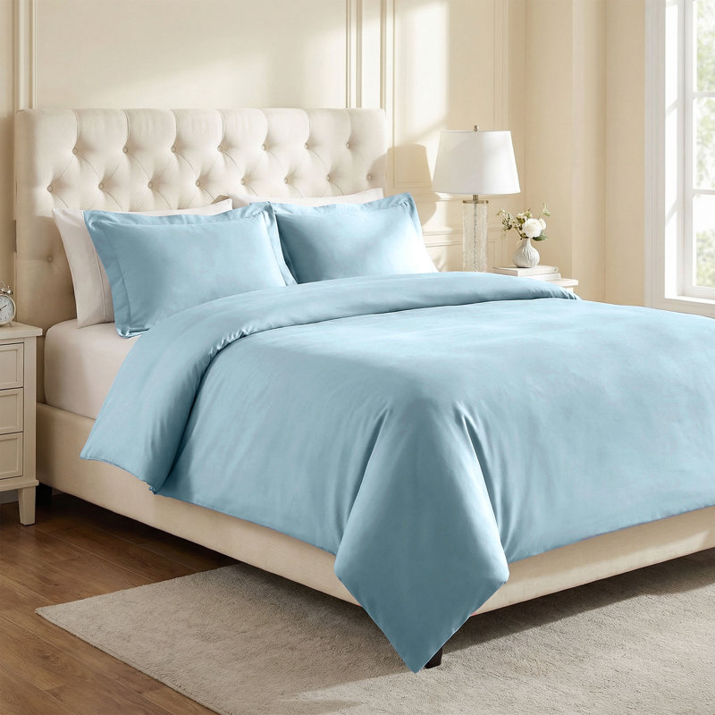 1200 Thread Count Cotton-Polyester Blend Solid Sateen Weave 3-Piece Duvet Cover Set, Full/Queen+ 2 Shams, Light Blue