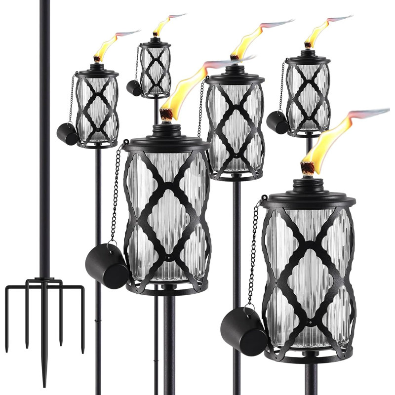 Paquet de 6 torches de jardin en verre gris, décoration de jardin pour torche extérieure 59 po, torches Citronella améliorées de 16 oz