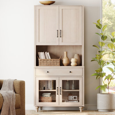 Bibliothèque Corretta 5 niveaux (183 cm H x 86 cm L) avec portes vitrées et grand espace de rangement, étagère de style champêtre avec portes en bois, idéale pour le salon, le bureau ou la cuisine, beige.