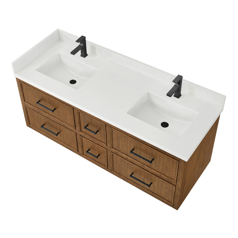 Ensemble de meuble-lavabo mural double 60 po en noyer grillé Isola, comptoir Giotto Quartz, lavabos carrés encastrés (1 trou), garniture noir mat