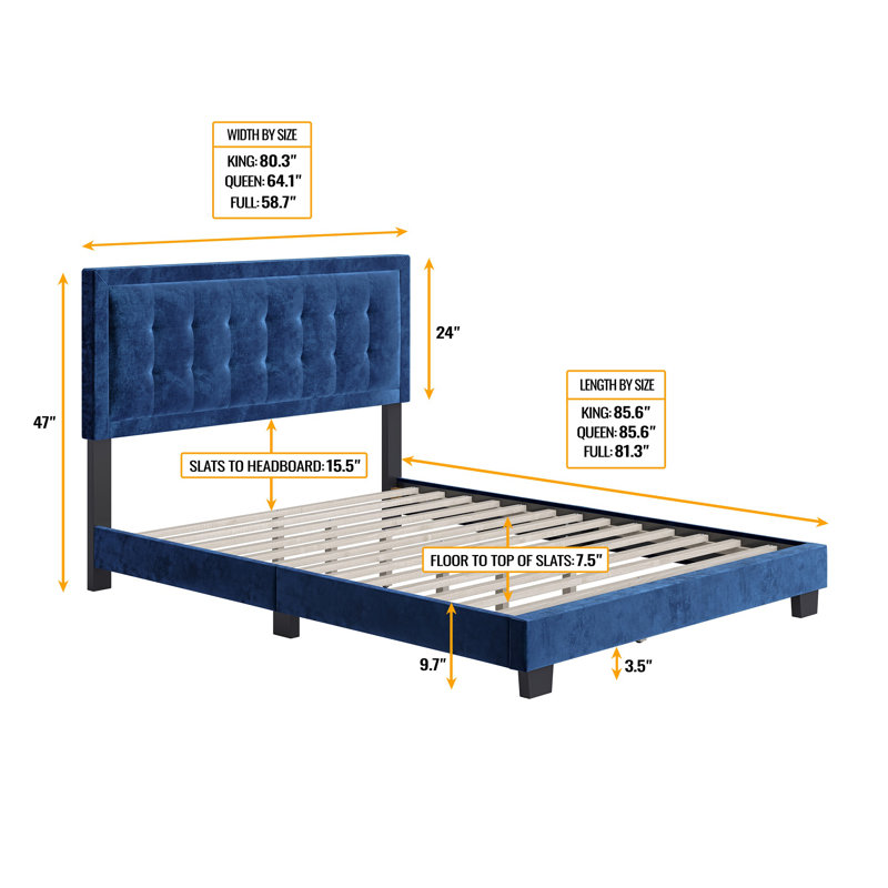 Sapphire Blue Velvet Full Platform Bed with Tufted Headboard
