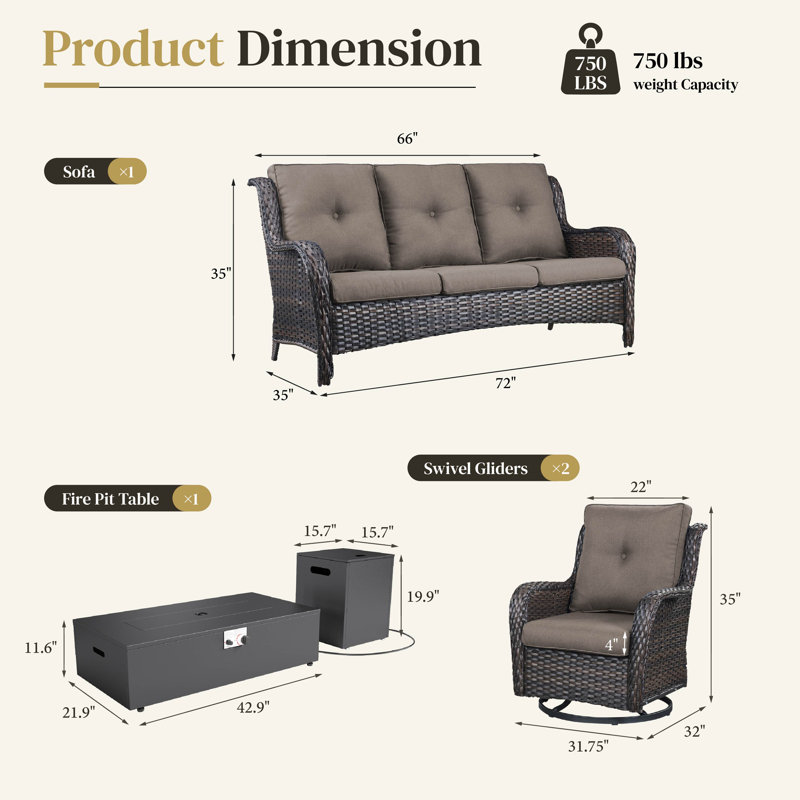 Ensemble de conversation d'extérieur 4 pièces en osier avec foyer, Gray, Brun