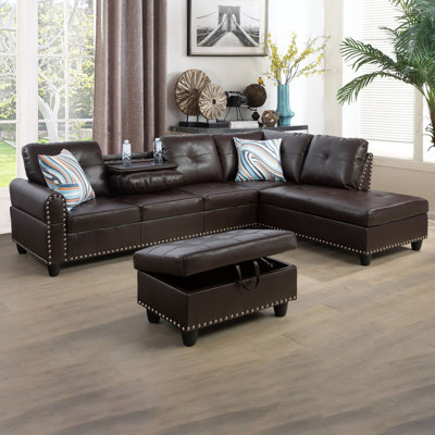 Aamanah 97"Faux Leather Sectional with Ottoman