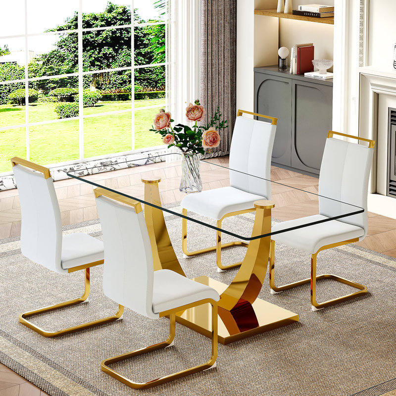 Nhieu 4 - Person Pedestal Dining Set, White, Silver
