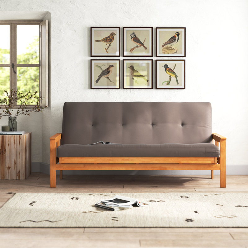 Lakel Full-Size Futon Frame Includes 6" Innerspring Mattress, Butternut, Gray Polyester