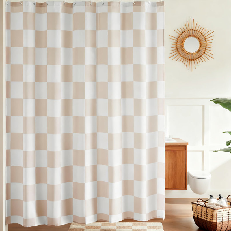 Rideau de douche à damier rétro, décoration de salle de bain en tissu lavable, polyester imperméable sans doublure, Beige