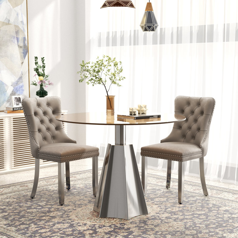 Ensemble de table de salle à manger moderne avec plateau de table en velours capitonné, 3 pièces: table, 2 chaises, Gris