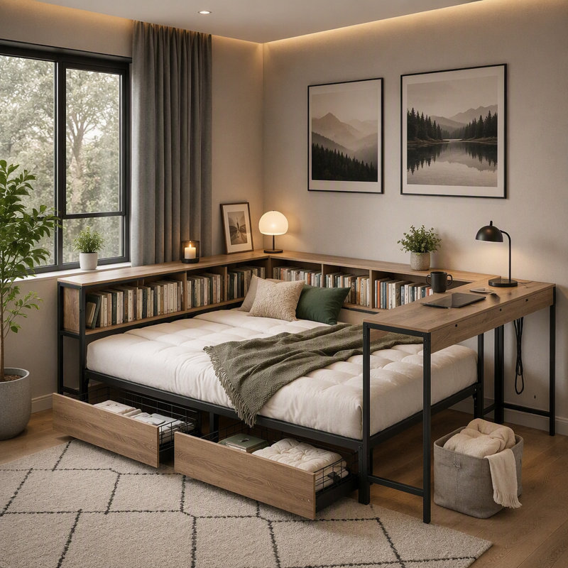 Structure de lit d'angle pour lit simple avec bibliothèque et 2 tiroirs de rangement sous le lit, lit simple moderne avec lumière DEL et station de charge
