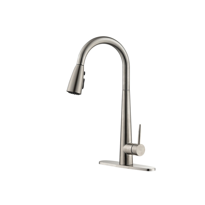 Topcraft Pull Down Single Handle Kitchen Faucet with Deck Plate, Brushed Nickel