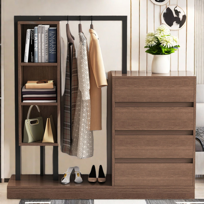Vasilia Wardrobe with 4 Drawers, 3 Open Compartments and Multiple Shelves, Espresso