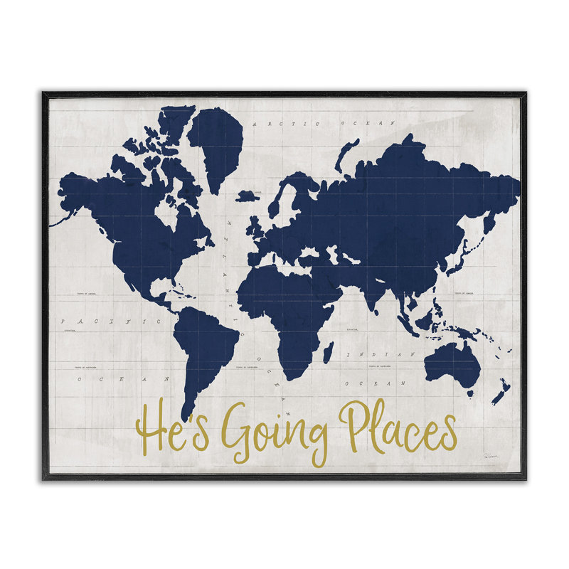 Going Places Boy's Map, estampe numérique par Sue Schlabach, Giclée encadrée noir minuit, H 24 po x l 30 po