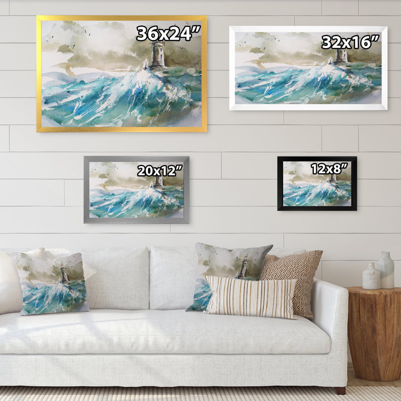 Phare sur les vagues massives II - Peinture sur toile, H 24 po x l 36 po x P 1 po, Cadre photo argenté
