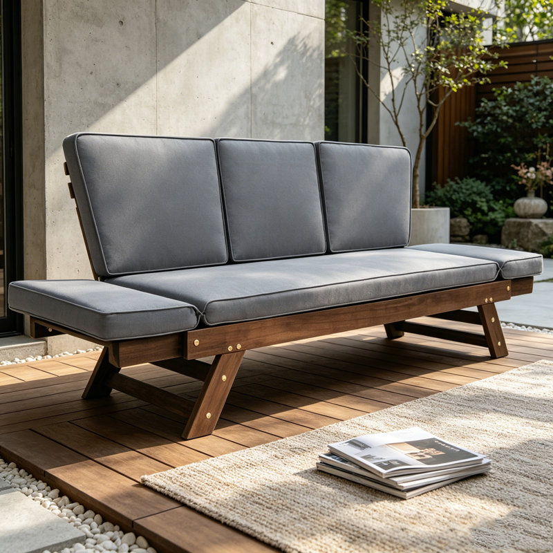 Outdoor Adjustable Patio Wooden Daybed Sofa Chaise Lounge with Cushions, Gray