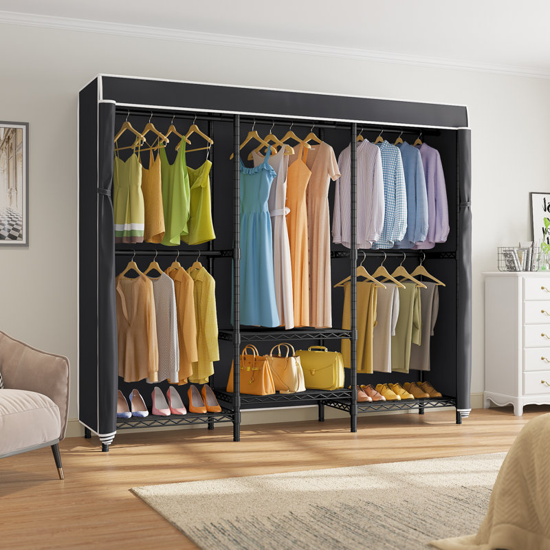 Black Metal Garment Rack with Adjustable Shelves and Cover