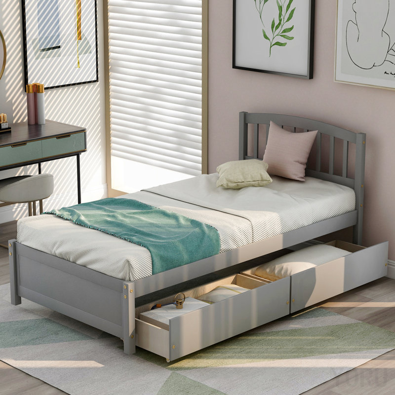 Lits en bois gris peu encombrants avec tiroirs de rangement pour les maisons modernes