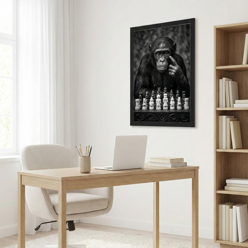 Art mural sur toile noir encadré pour le salon, la chambre à coucher, le bureau ou le vestibule - décoration murale décorative avec échecs de singe