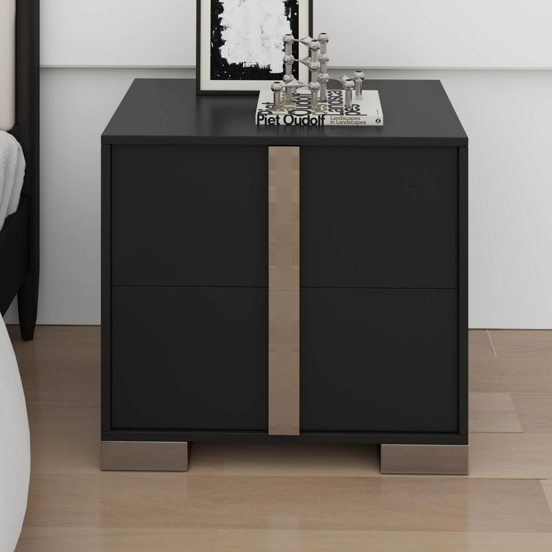 Table de chevet moderne à 2 tiroirs avec poignée en métal Elegant, Noir