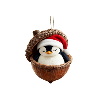 Cute Sleeping Forest Animal Christmas Ornament – Acrylic Santa Hat Hanging Decor, Raccoon/Hedgehog/Penguin (A-I)