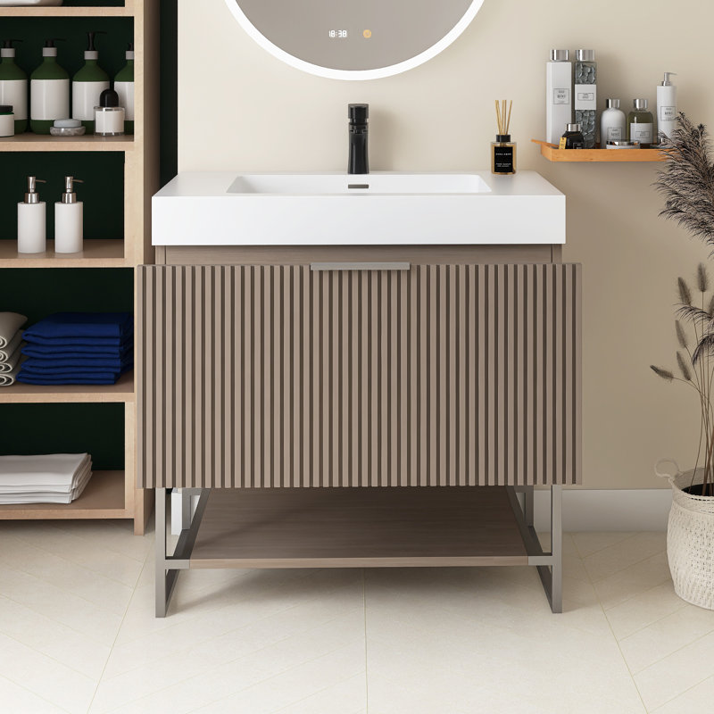 30 po X P 20 po P x 33 po Meuble-lavabo autoportant simple H en chêne brun avec plateau en acrylique blanc