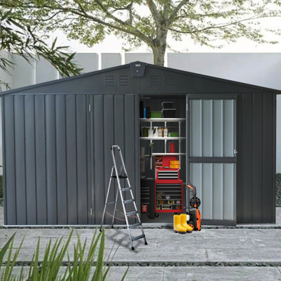 SnugglySolace Backyard Toolhouse 11'x 9', Dark Gray, Galvanized Steel Frame, Lockable Door, Ample Storage For Tools & Bicycles, Construction 9' Metal Shed, Construc