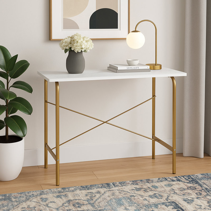 Chazael 40" Modern Desk with Marble Top Effect and Brass-Finished Metal Base, Compact Home Office or Vanity Table
