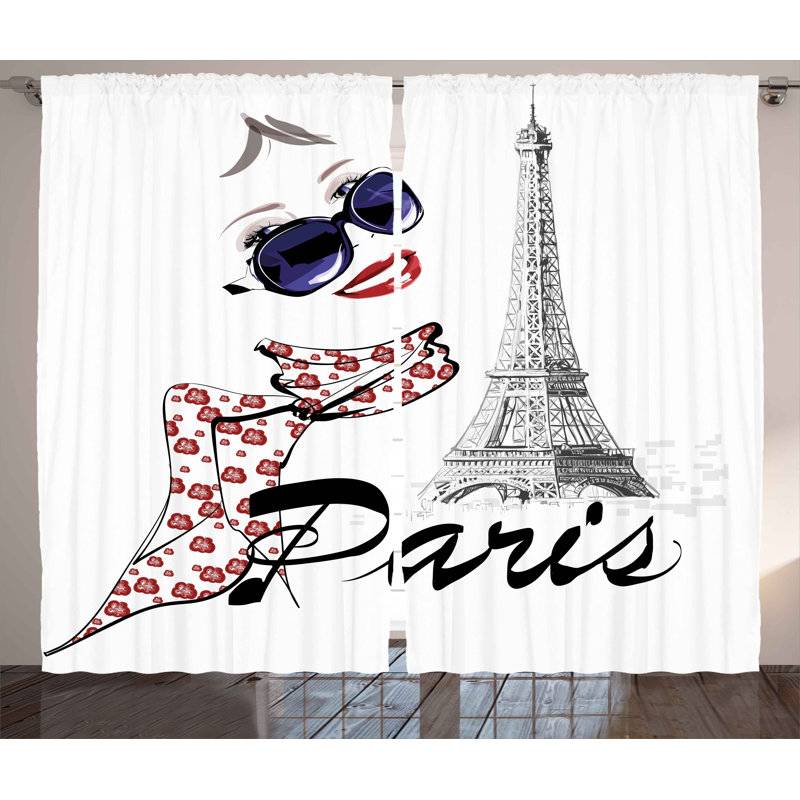 Woman Smiling and Eiffel Tower Graphic Print Semi-Sheer Rod Pocket Curtain Panels, 54" W x 90" L