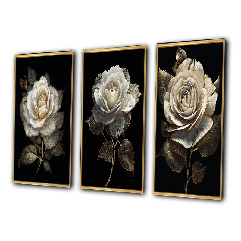 «Retro White Rose Portrait On Black», 3 pièces, H 40 po x l 60 po, Cadre flottant doré