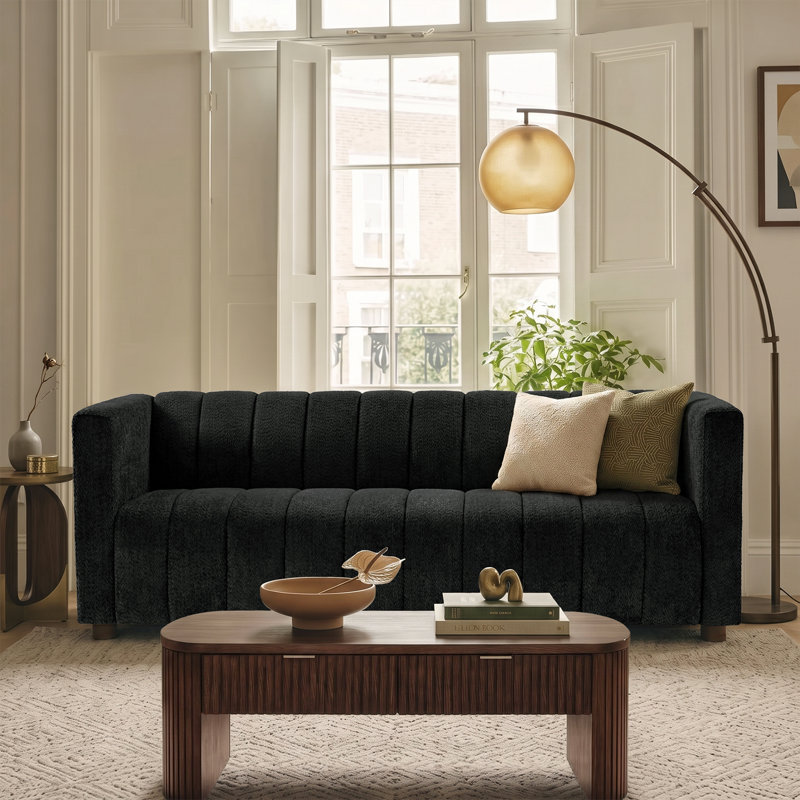 Anorea Modern Boucle Fabric Channel Tufted Sofa, Black