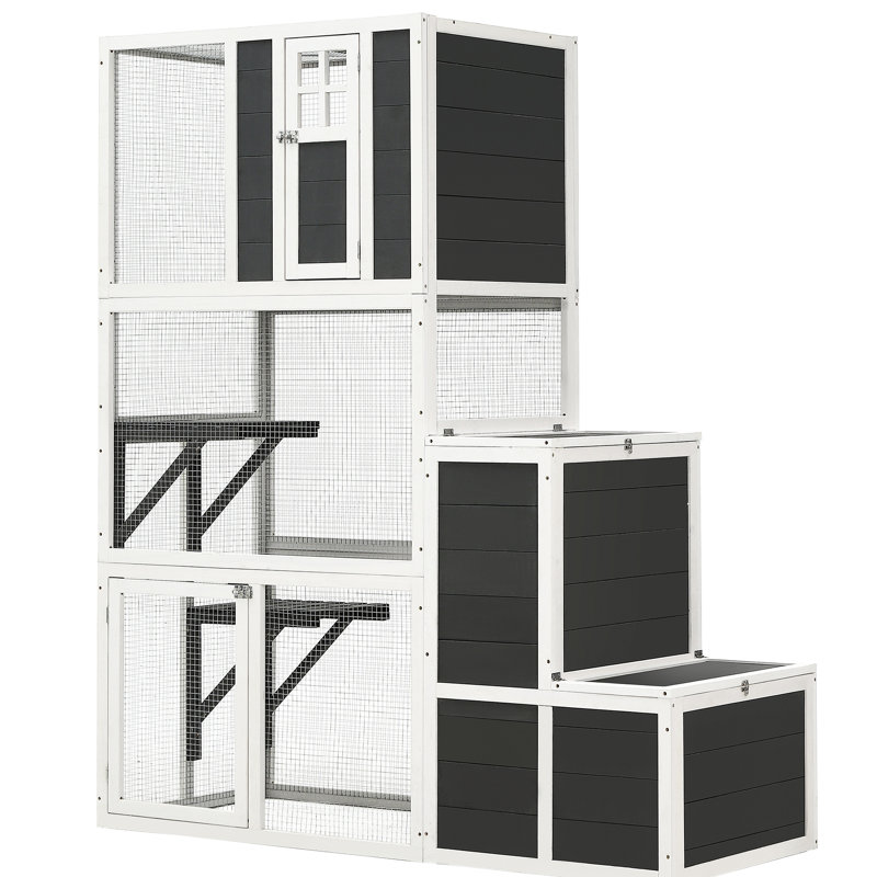 3 Wooden Cat House For 1-3 Cats, With 4 Platforms & 2 Openable Doors - Grey Spacious Platforms, Doors, Multiple
