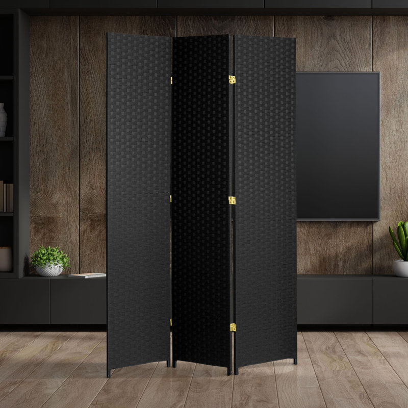 Amitis 7 Ft. Tall Woven Fiber Folding Room Divider, 3, 84'' H x 58.5'' W x 1'' D, Black