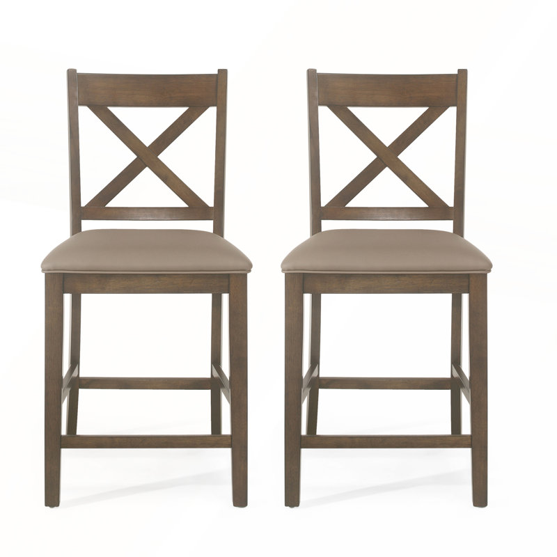 Ensemble de 2 tabourets de comptoir rembourrés en bois de style maison de campagne charmant, Brun antique, Brun