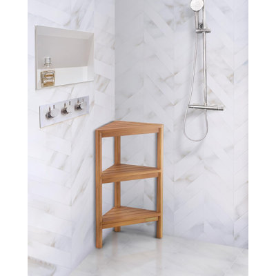 Fully Assembled Solid Teak Wood Corner Shower Caddy With Shelves, 26.5-Inch Bath Storage Stand With Non-Slip Feet And Hidden Hardware