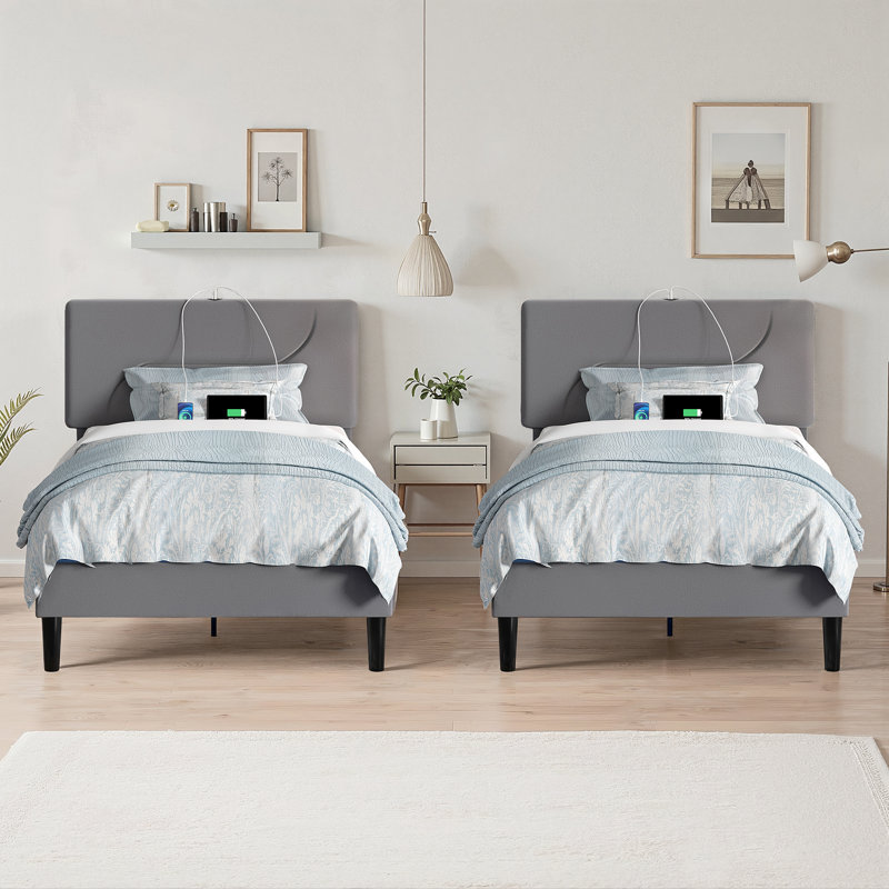 Twin Size Bed Frame Set Of 2 LED Lights Headboard With Charging Station And USB Port Twin Platform Bed Wood Slats Support No Box Spring Needed