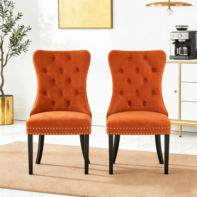 Ensemble 2 pièces de chaises de salle à manger en velours, avec anneau à tirer et garniture cloutée, pour la cuisine et la salle à manger, orange