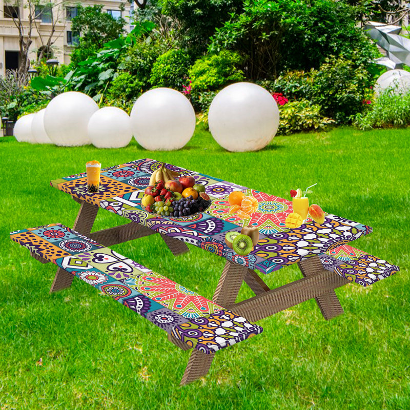 Housse de table et de chaise d'extérieur 3 pièces Imprimé coloré imperméable avec bande élastique antidérapante Protecteur de bureau résistant à la saleté Pique-nique Banc Banc Nappe ajustée