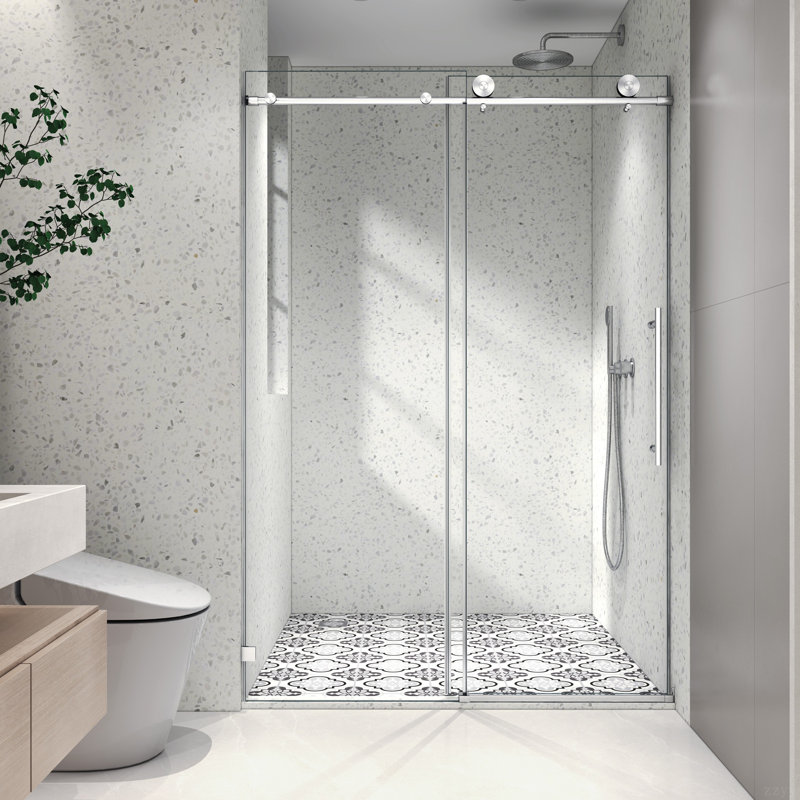 Une porte de douche fixe et une porte décalée sans cadre, de grandes poulies en acier inoxydable 304 de 70 mm avec fonction de fermeture douce réglable, avec nettoyage facile et protection anti-déflagrante