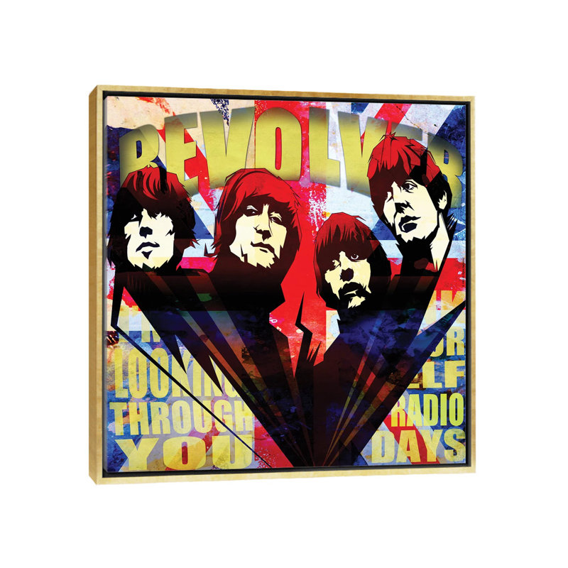 Fab 4 Chassing the Sun - publicité imprimée, H 26 po x l 26 po x P 1,5 po, Toile encadrée d'or, Aucun mat
